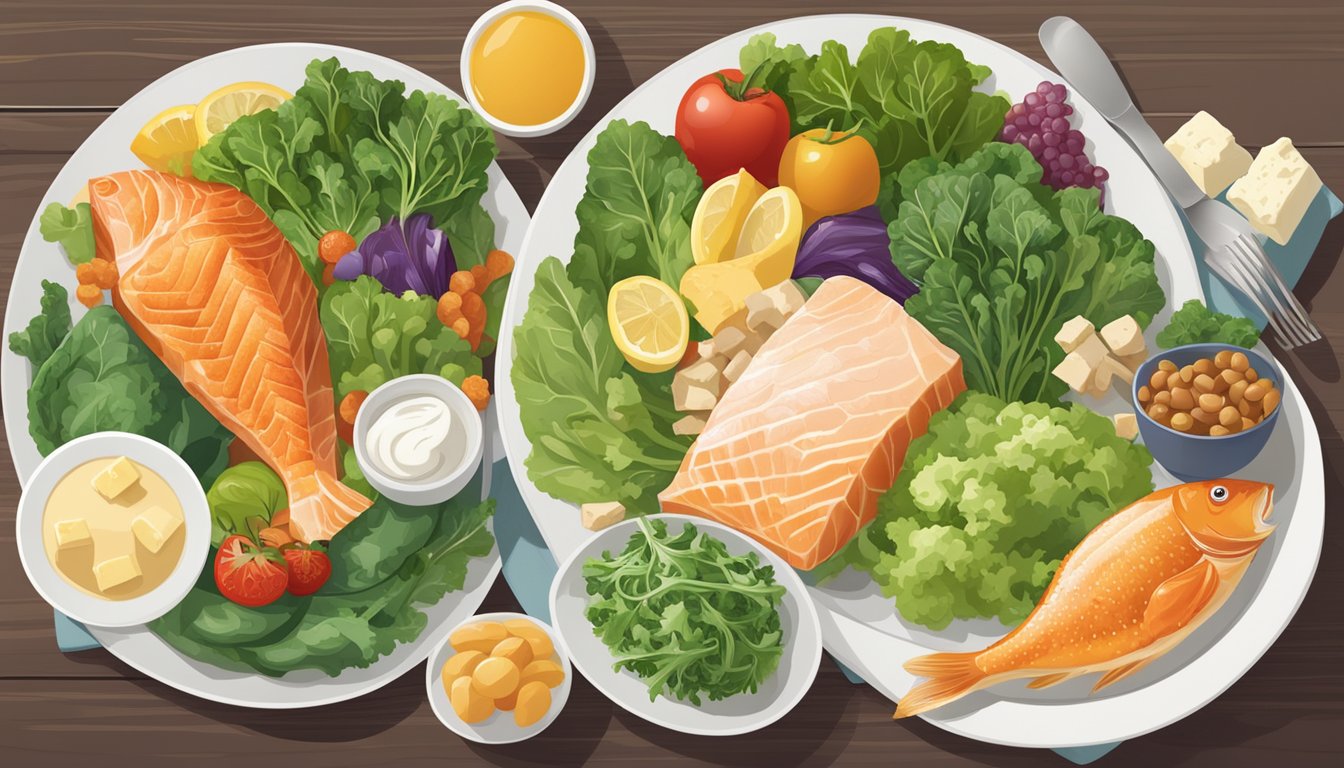 A dinner table set with a variety of foods rich in calcium and vitamin D, such as leafy greens, dairy products, and fish, surrounded by images of healthy bones and a diabetes-friendly meal plan