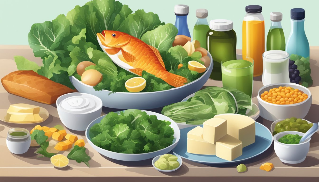 A table set with a variety of foods, including leafy greens, dairy products, and fish, surrounded by bottles of vitamins and medication