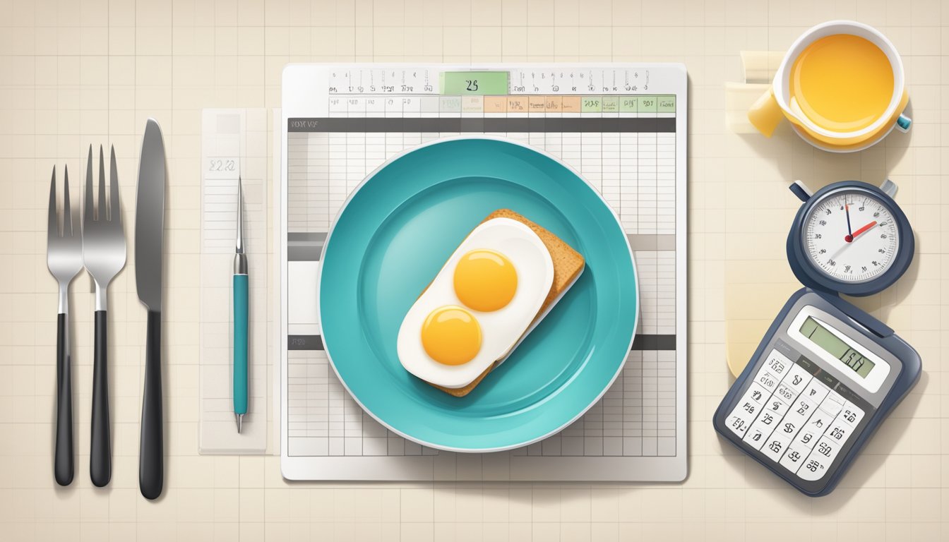 A table set with a balanced dinner plate, a glucose monitor, and a calendar showing the next day