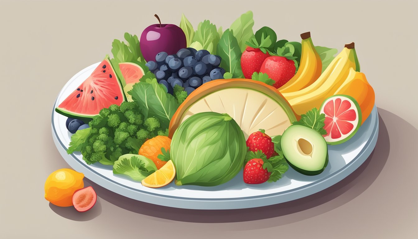 A dinner plate with a balanced mix of foods rich in electrolytes, such as leafy greens, nuts, seeds, and lean protein, surrounded by a variety of colorful fruits and vegetables