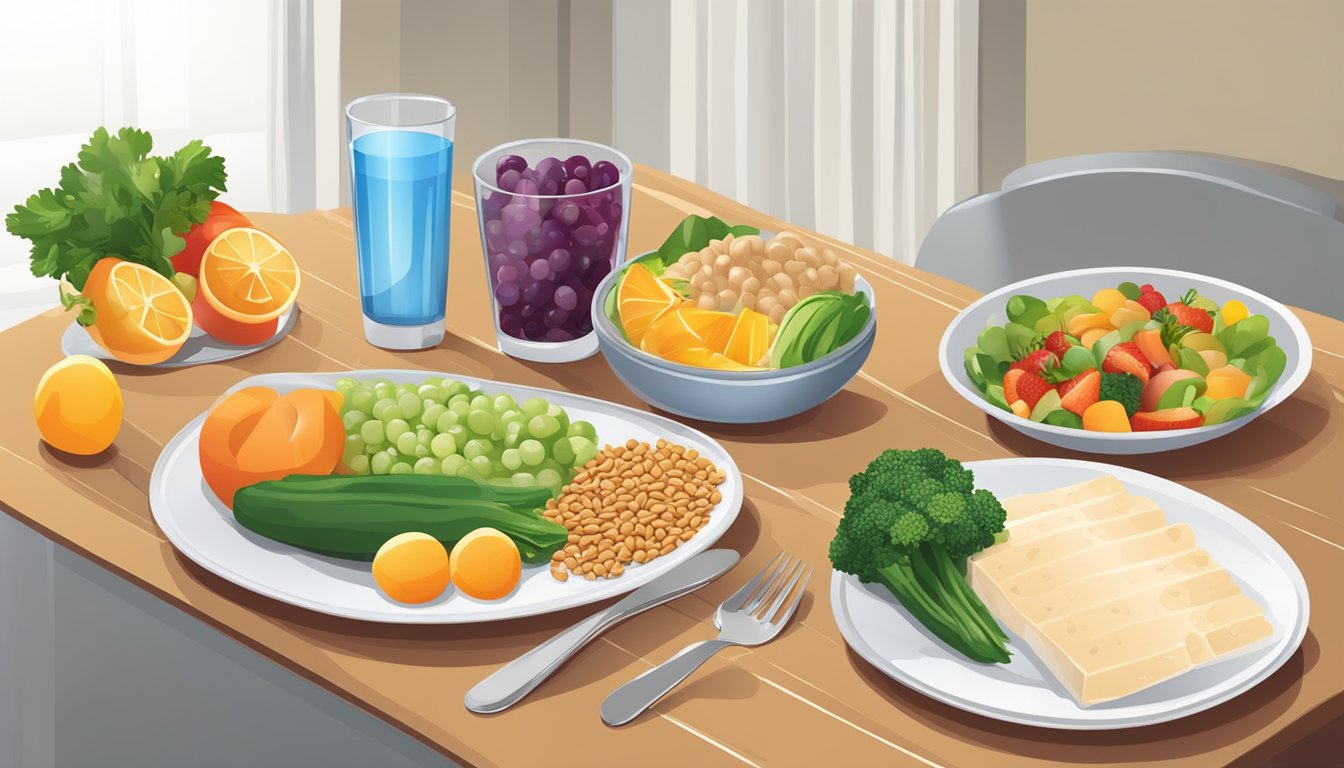 A table set with a balanced meal of lean protein, vegetables, and whole grains, accompanied by a glass of water and a plate of assorted fruits