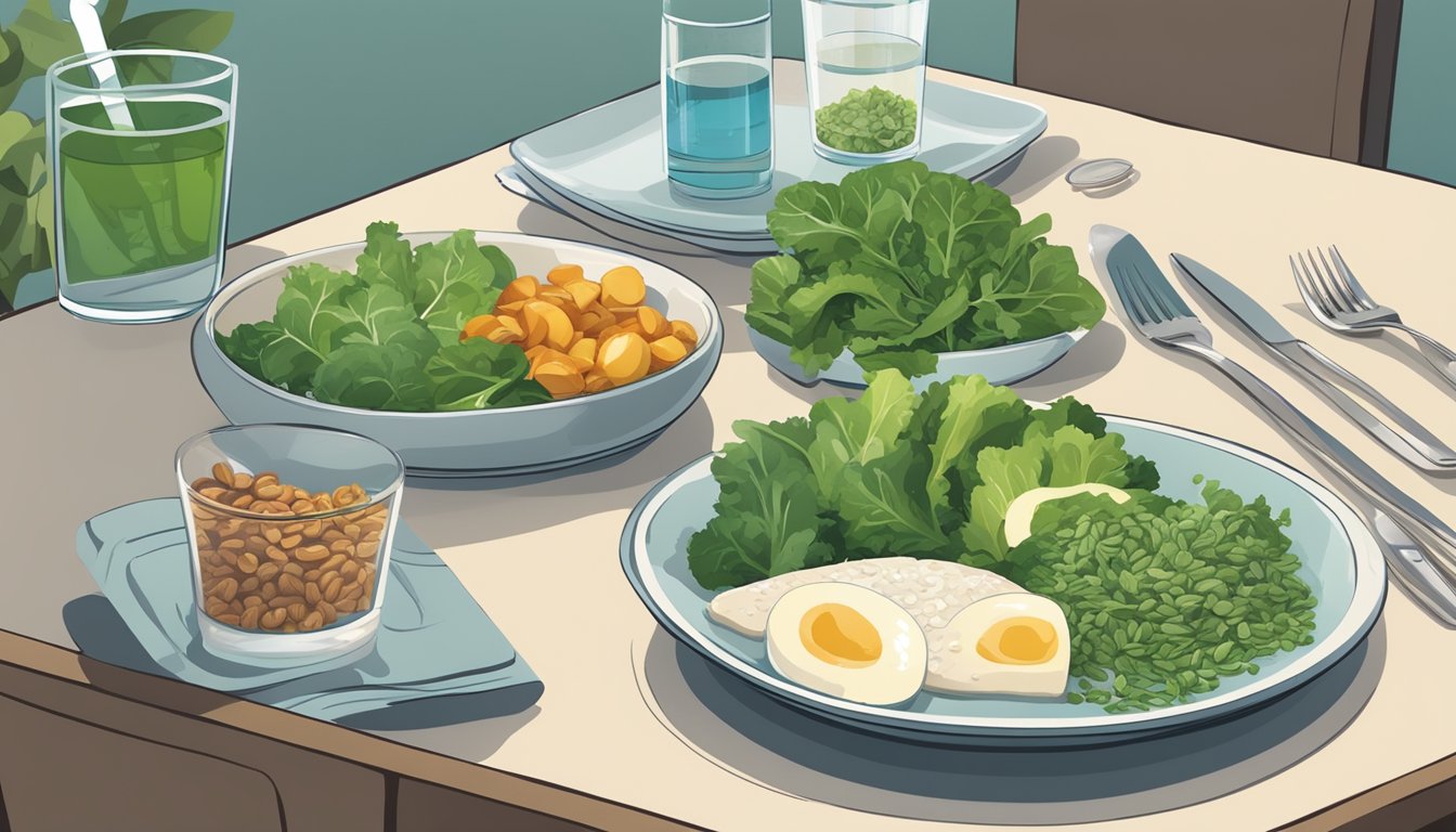 A dinner table with a balanced meal including foods rich in electrolytes, such as leafy greens, nuts, and seeds. A glass of water with added electrolytes sits beside the plate