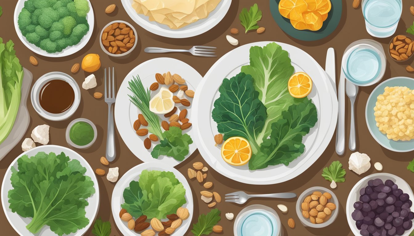 A dinner table set with a variety of foods rich in essential minerals, such as leafy greens, nuts, and lean proteins, alongside a glass of water