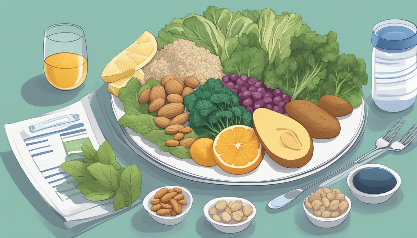 A dinner plate with a variety of foods rich in essential minerals, such as leafy greens, nuts, and lean protein, surrounded by informational pamphlets and support resources for managing diabetes and electrolyte balance