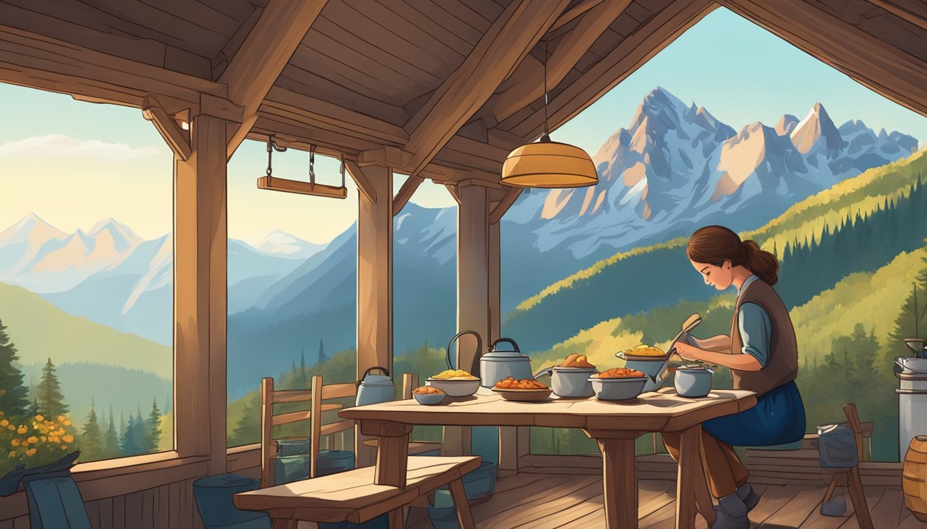 A person preparing a meal in a cozy mountain cabin, surrounded by towering peaks and a clear blue sky