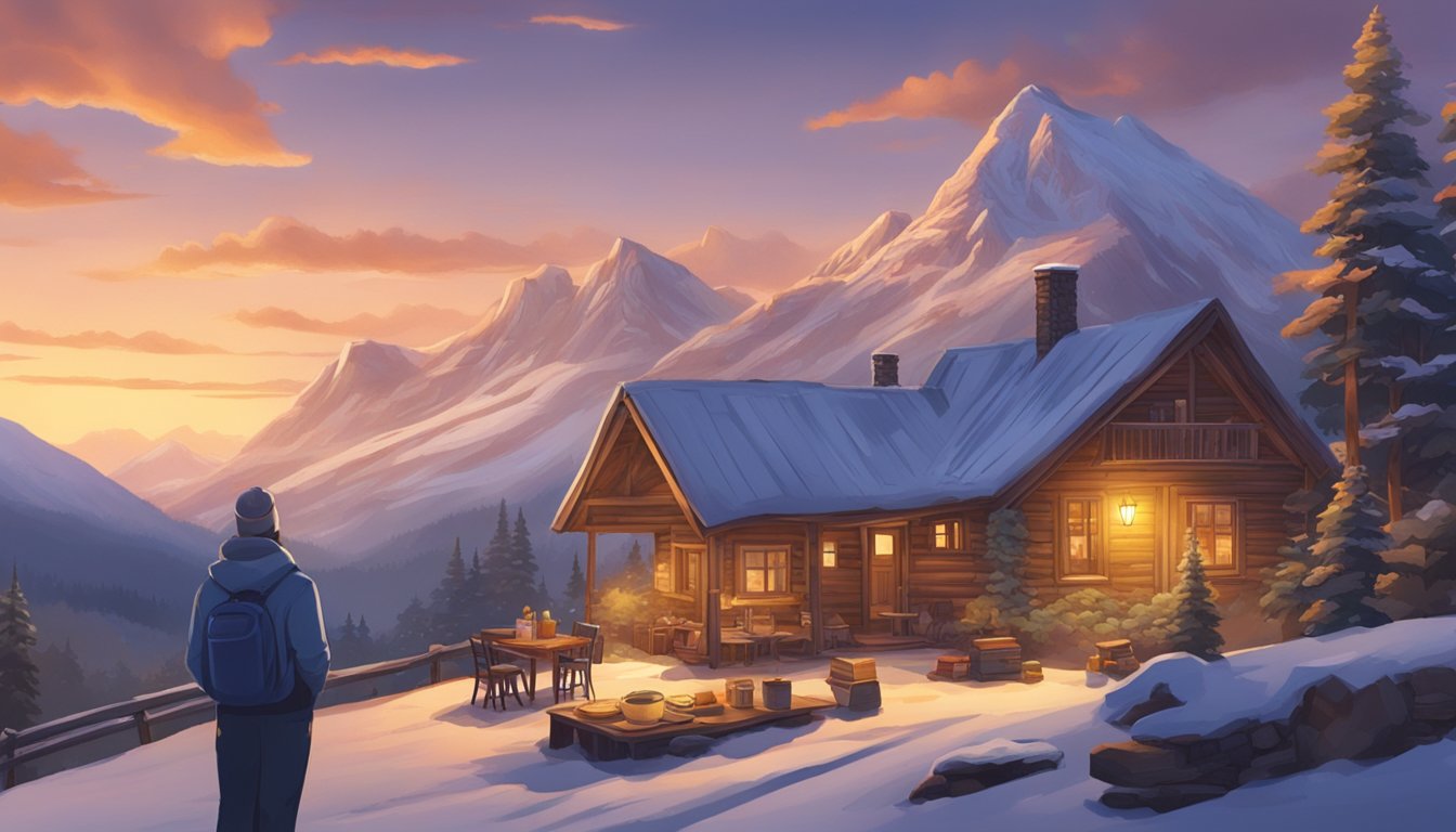 A mountain village at sunset, with a cozy cabin and a person adjusting their dinner plate to accommodate diabetes while experiencing altitude sickness