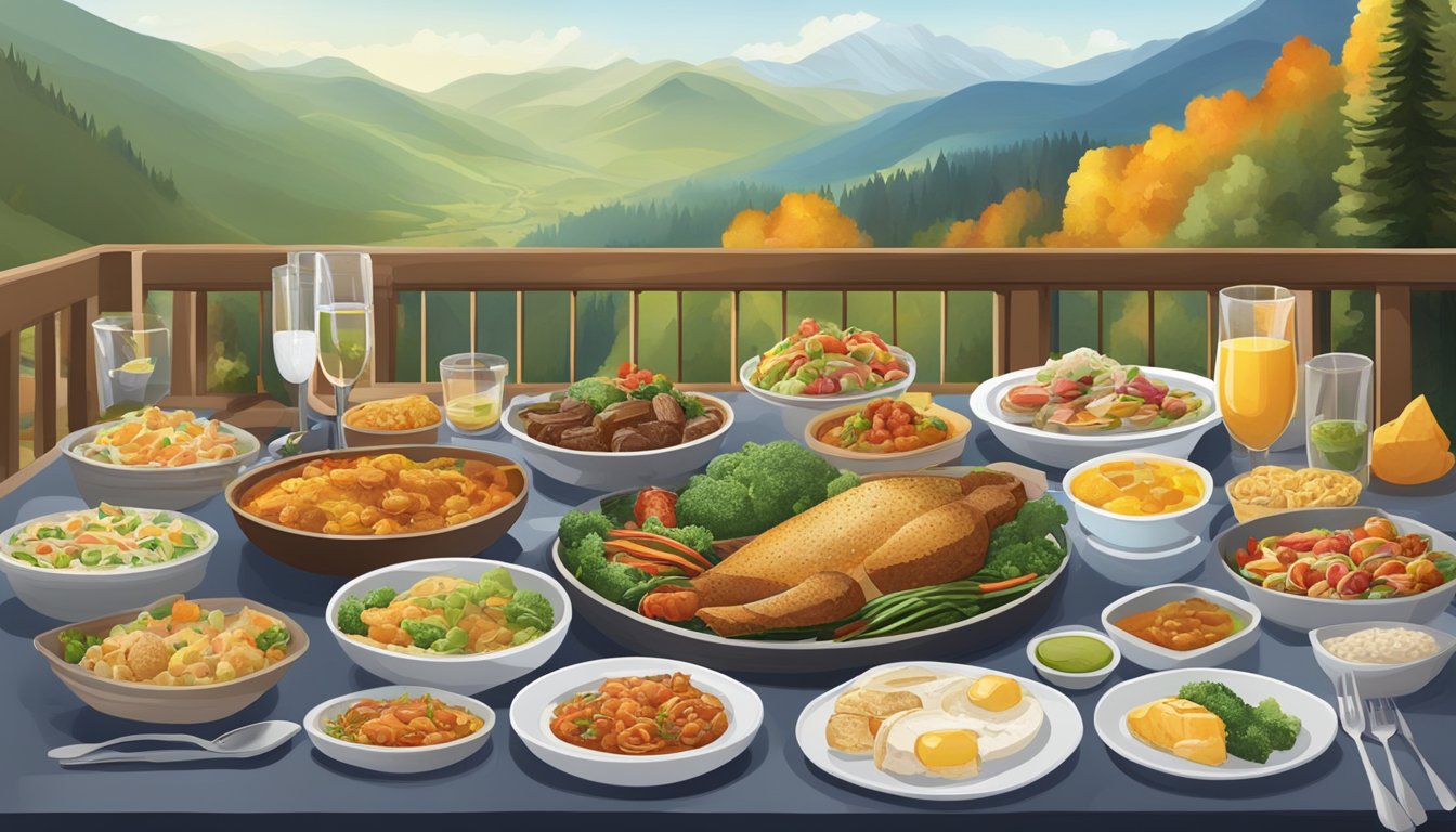 A table set with a variety of high-altitude-friendly diabetic dinner options, surrounded by mountainous scenery