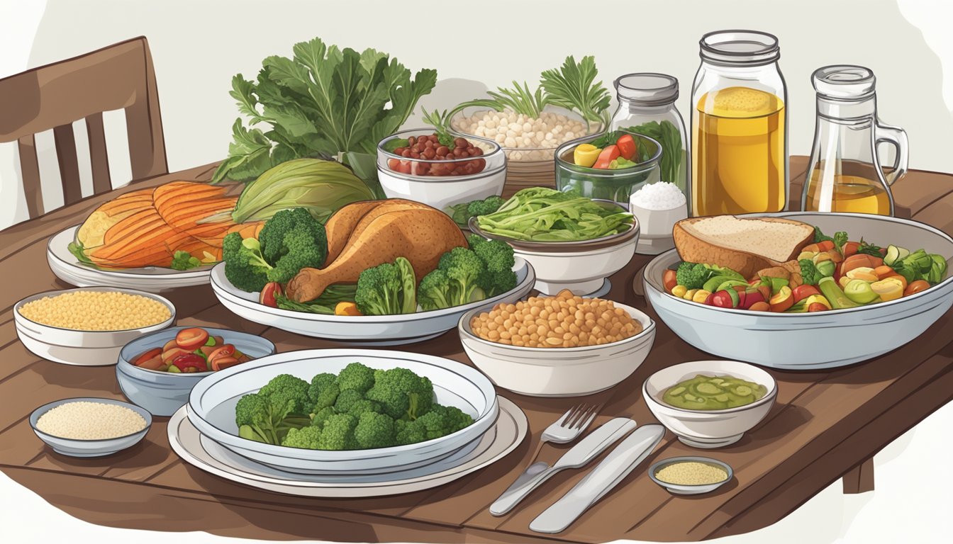 A dinner table with a variety of diabetic-friendly dishes, including vegetables, lean proteins, and whole grains, with a jar of coconut oil as a focal point