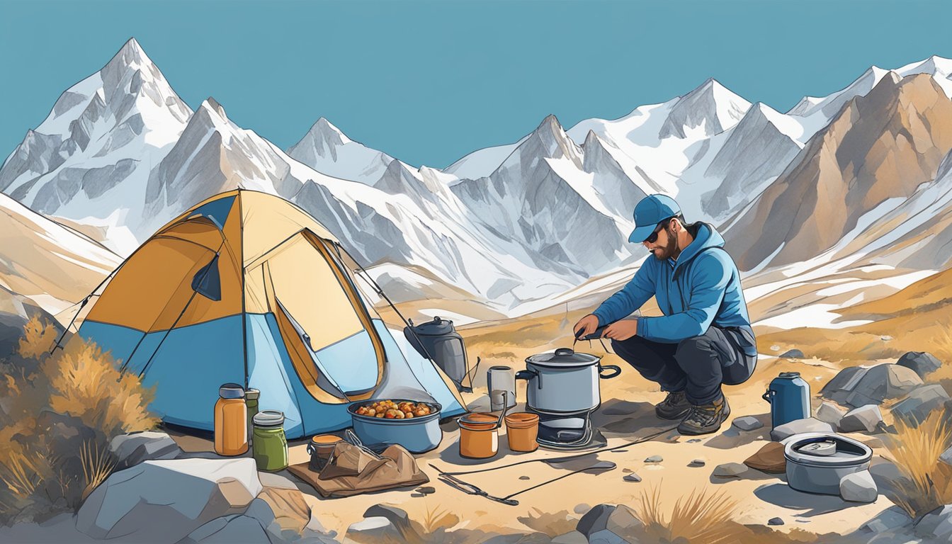 A mountain climber prepares a meal at a high-altitude campsite, surrounded by rugged terrain and a clear blue sky