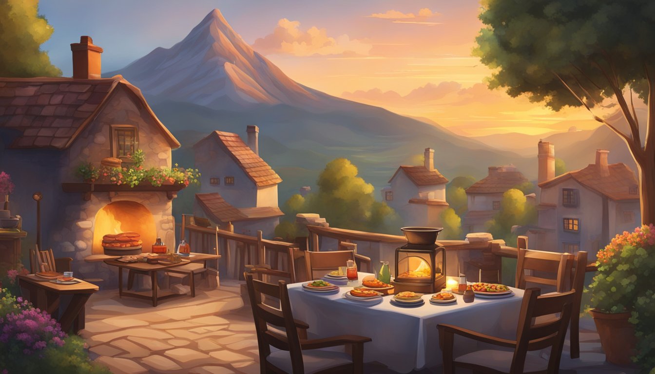 A mountain village at sunset, with smoke rising from chimneys and a table set with a hearty, balanced meal