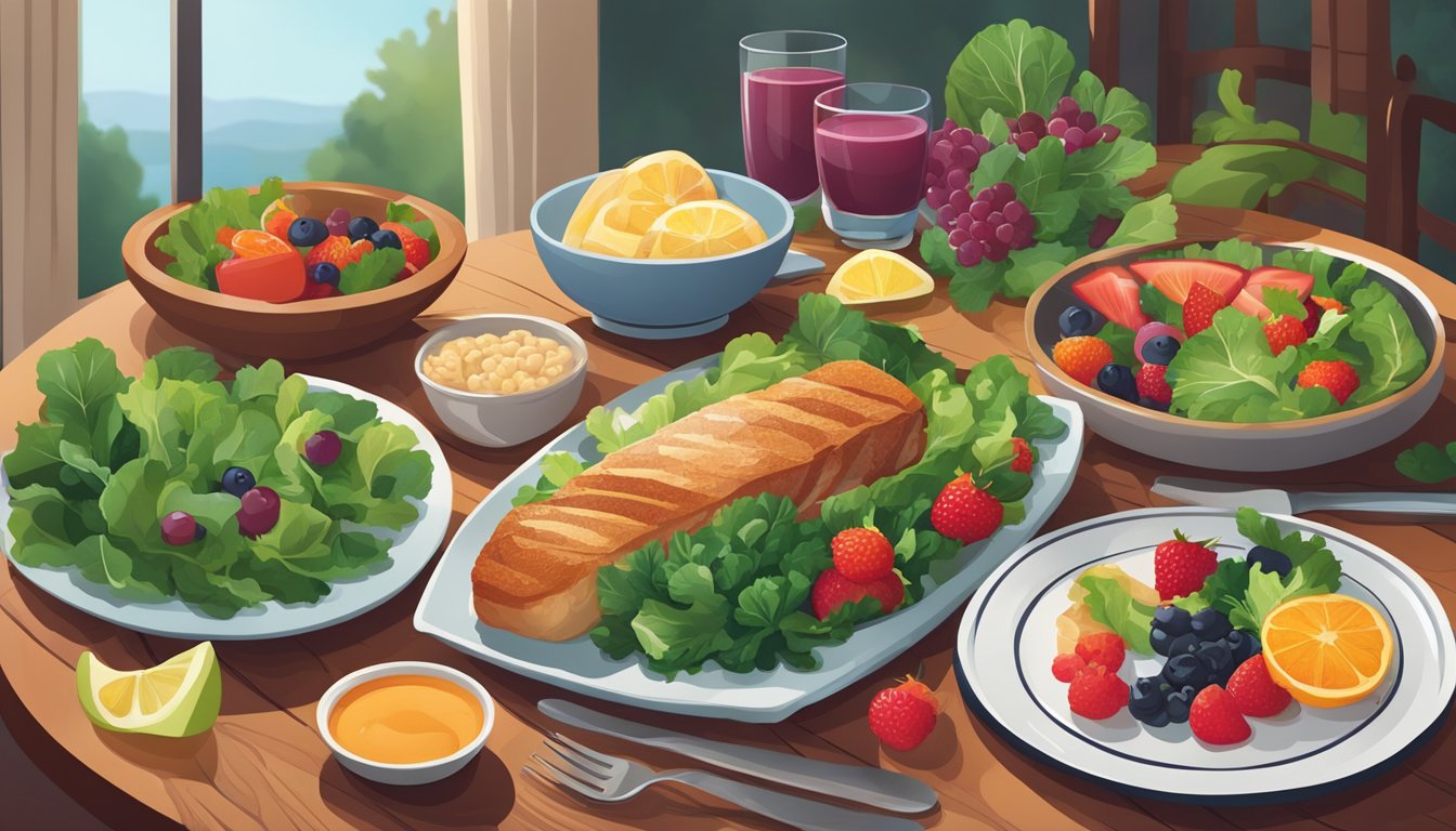 A dinner table set with a variety of colorful, nutrient-rich foods, including leafy greens, berries, and lean protein, surrounded by a warm, inviting atmosphere