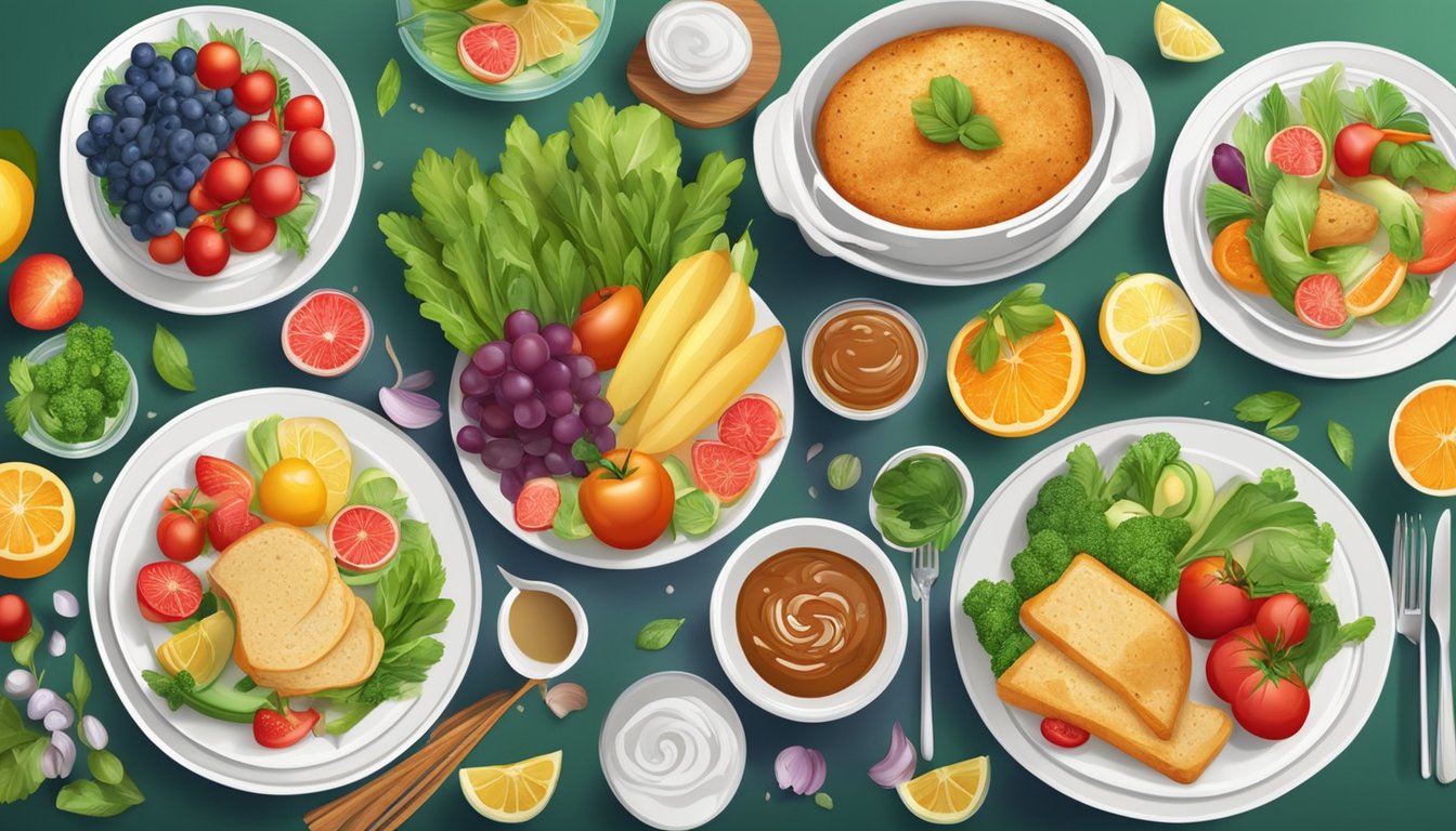 A dinner table set with colorful plates of sirtfood-rich meals, surrounded by fresh vegetables and fruits