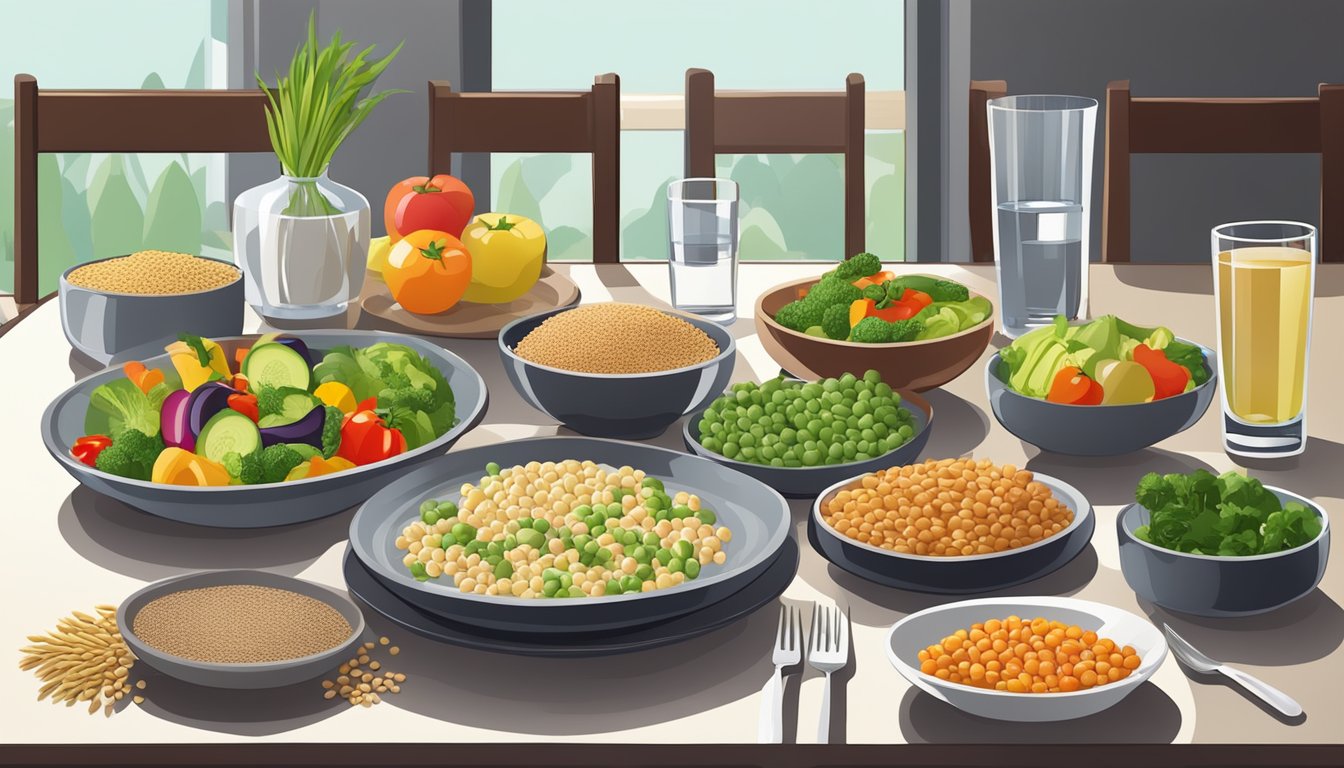 A dinner table set with a colorful array of vegetables, fruits, and lean proteins, with a glass of water and a plate of whole grains