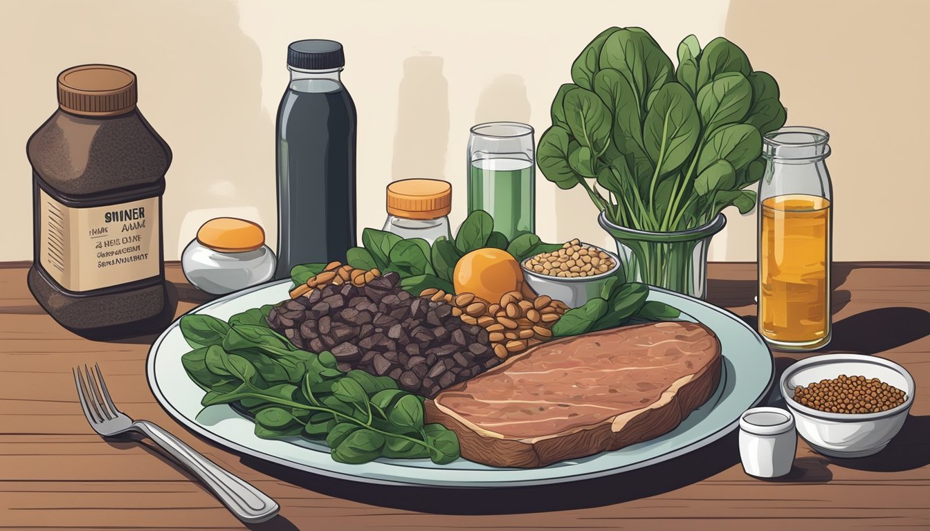 A dinner plate with a variety of foods rich in iron, such as spinach, lentils, and lean meats, surrounded by a glass of water and a bottle of iron supplements