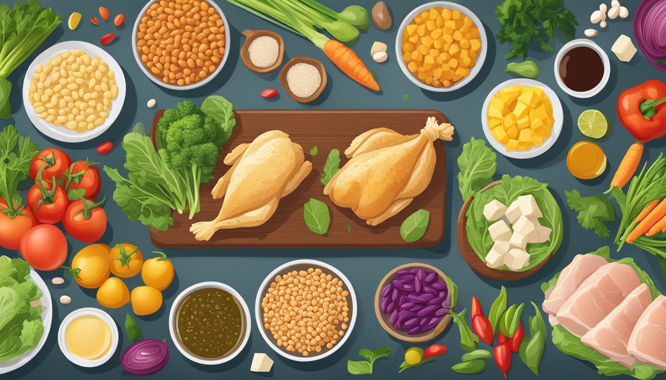 A dinner table with a variety of protein sources such as chicken, fish, tofu, and beans, surrounded by colorful vegetables and whole grains