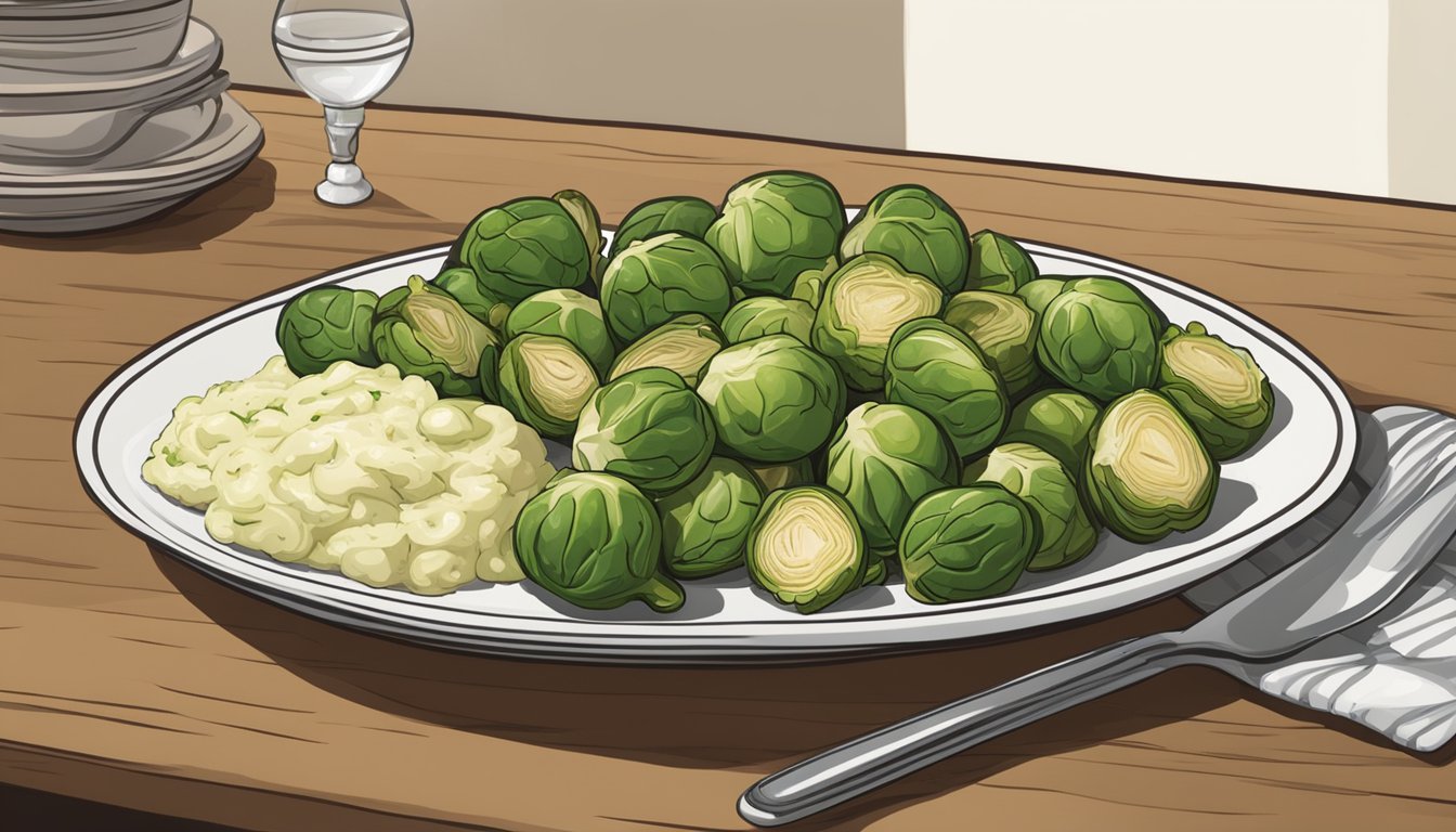 A dinner table set with sulfur-rich foods like garlic, onions, and cruciferous vegetables. A plate of roasted brussels sprouts and a bowl of garlic mashed potatoes