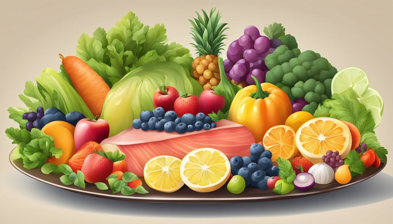 A dinner plate with a variety of foods rich in iron and nutrients, surrounded by colorful fruits and vegetables