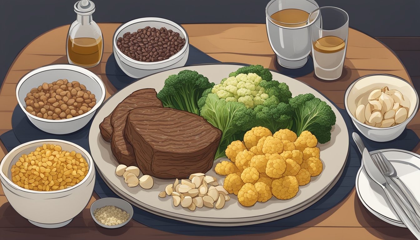 A dinner table set with sulfur-rich foods like garlic, onions, and cruciferous vegetables. A plate of roasted meat and a bowl of mixed grains are also present