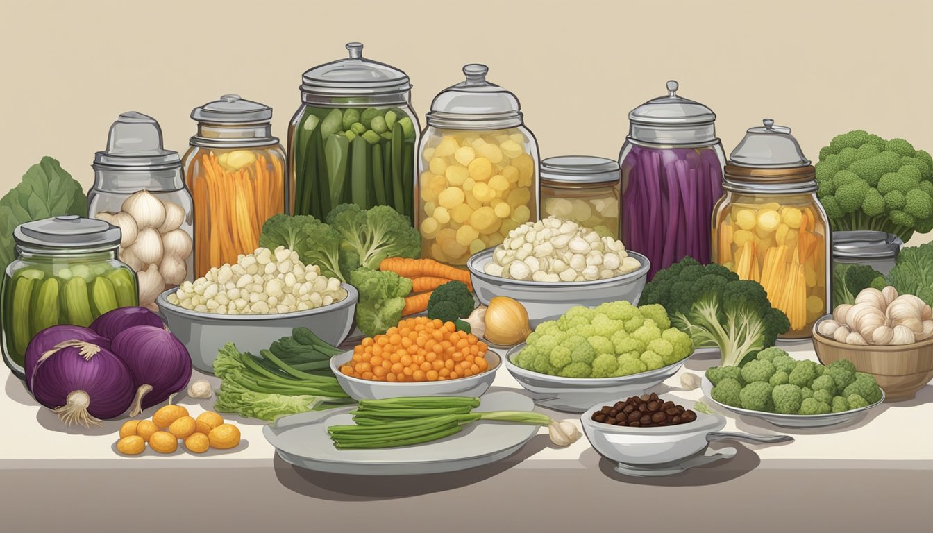 A table set with a variety of sulfur-rich dinner foods, including garlic, onions, and cruciferous vegetables, surrounded by jars of preserved foods