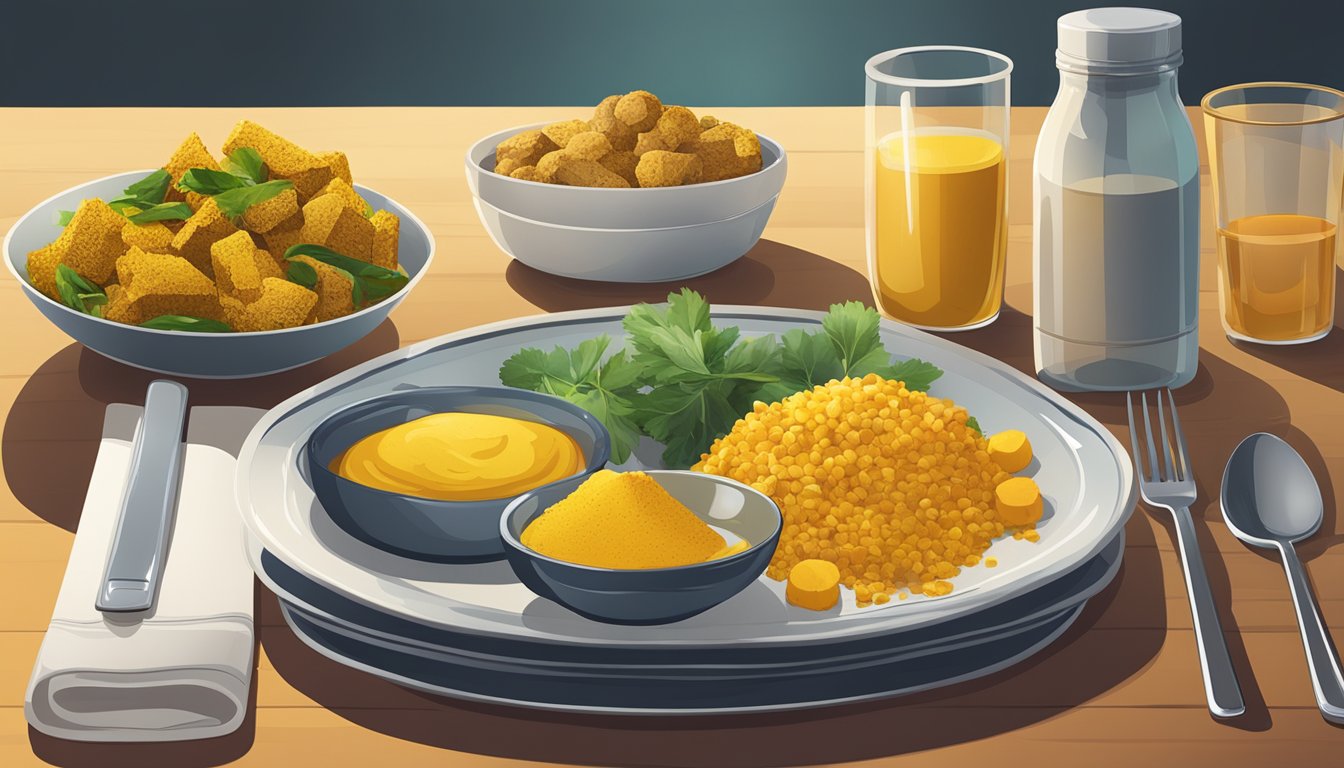 A dinner table set with a variety of foods, including a dish featuring turmeric. A glass of water and a supplement bottle are also present