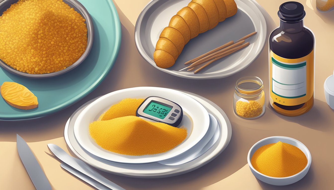 A dinner table set with a plate of food and a bottle of curcumin supplements. A blood sugar monitoring device sits nearby