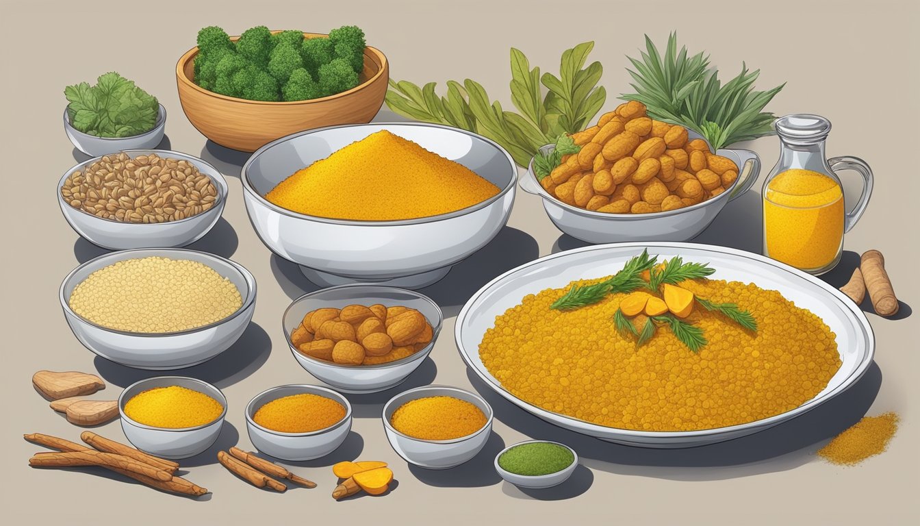 A dinner table set with a variety of colorful foods, with a prominent bowl of turmeric-spiced dish and a sprinkle of curcumin supplements on the side