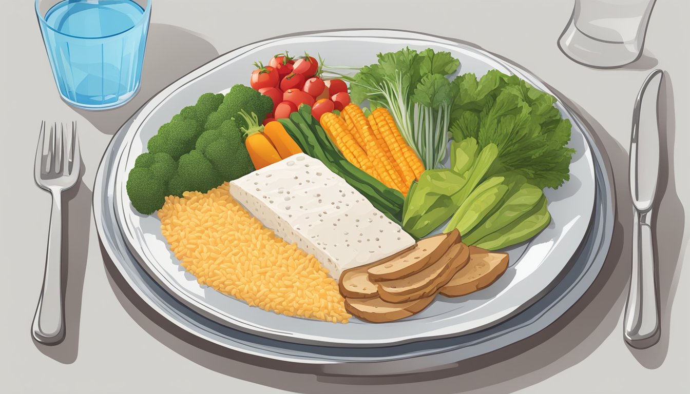 A table set with colorful, nutrient-dense foods, including vegetables, lean proteins, and whole grains. A glass of water is placed prominently next to the plate