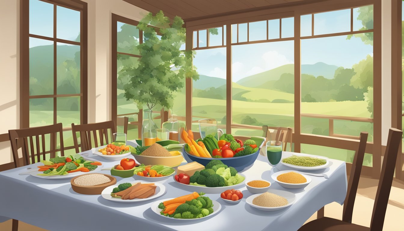 A table set with a balanced meal of lean protein, whole grains, and colorful vegetables, surrounded by a serene, nature-inspired dining environment