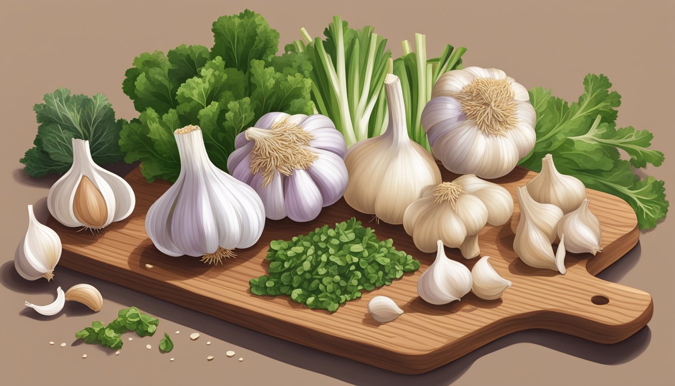 A colorful array of fresh garlic bulbs, whole grains, leafy greens, and lean proteins arranged on a wooden cutting board, ready to be prepared into a blood sugar-friendly dinner