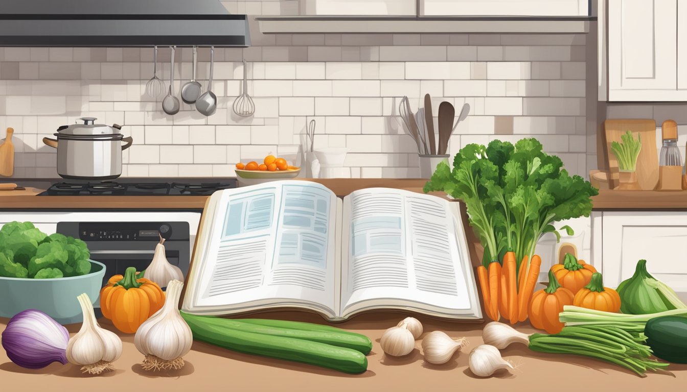 A kitchen counter with various garlic bulbs, fresh vegetables, and a cookbook open to a page on blood sugar-friendly dinner recipes