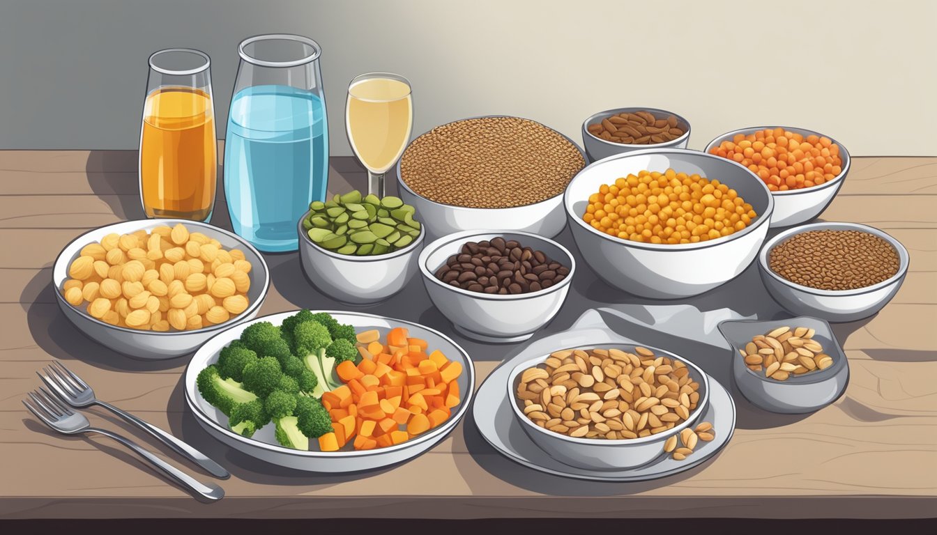 A dinner table set with various zinc-rich foods like nuts, seeds, and whole grains, along with a plate of colorful vegetables and a glass of water