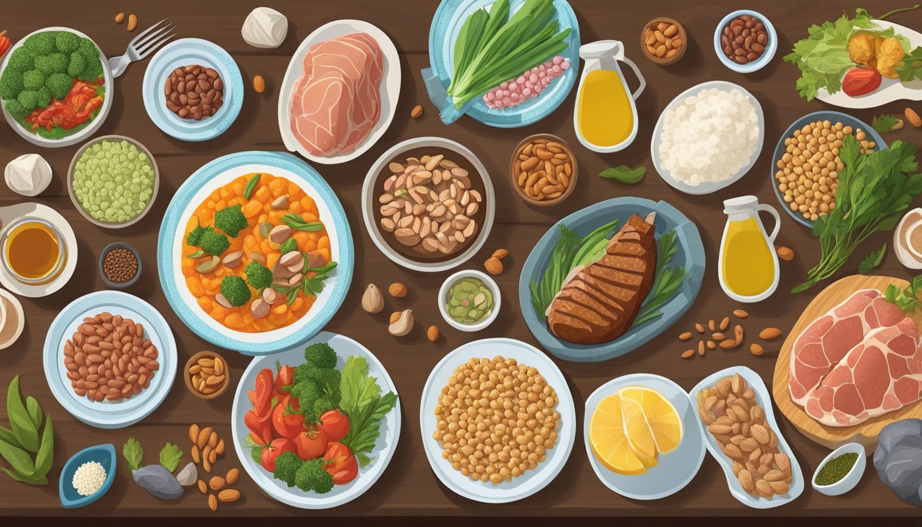 A dinner table set with a variety of foods rich in zinc, such as lean meats, nuts, and legumes, surrounded by diverse cultural symbols representing global perspectives on diabetes