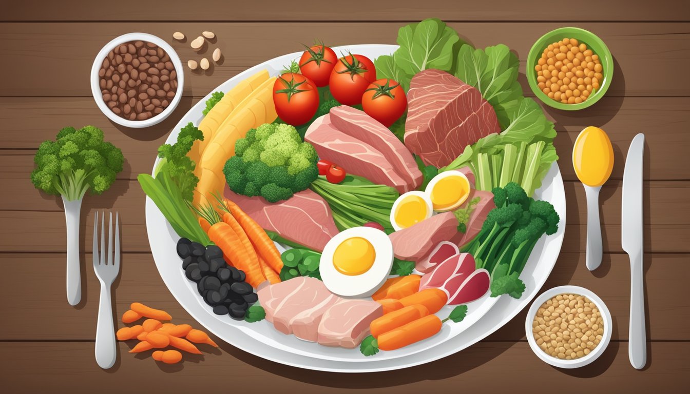 A dinner plate with a balanced array of protein sources such as meat, fish, eggs, and legumes, surrounded by colorful vegetables and grains