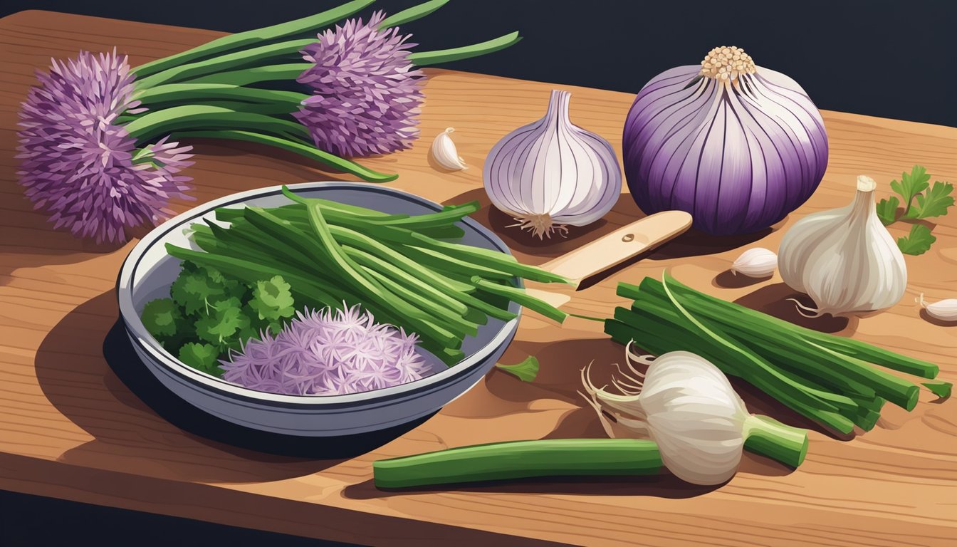 A colorful array of Allium vegetables arranged on a wooden cutting board, including onions, garlic, and shallots, with a knife and a bowl of chopped Alliums nearby