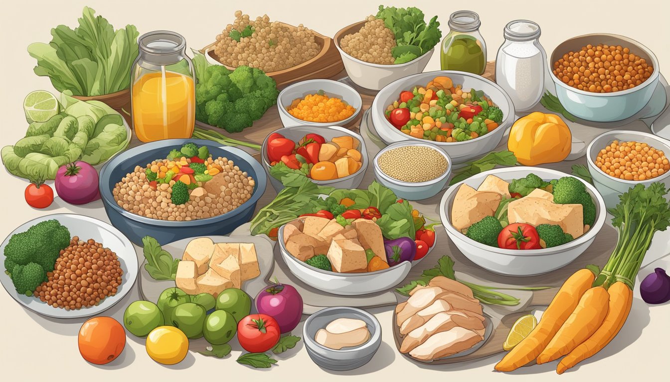 A table set with a variety of protein-rich foods such as chicken, fish, tofu, lentils, and quinoa, surrounded by colorful vegetables and fruits