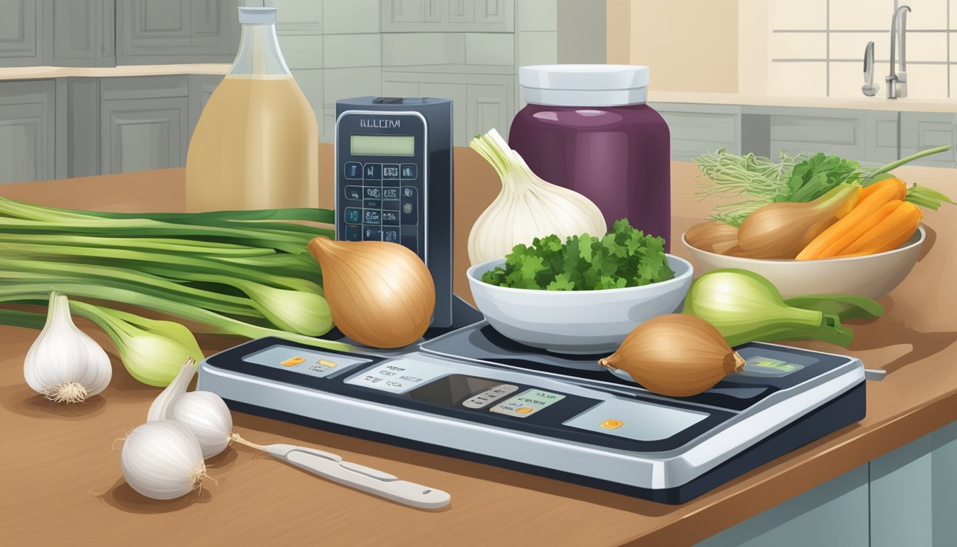 A kitchen counter with various members of the Allium family (onions, garlic, leeks) arranged alongside a blood sugar monitor and a plate of balanced, healthy foods