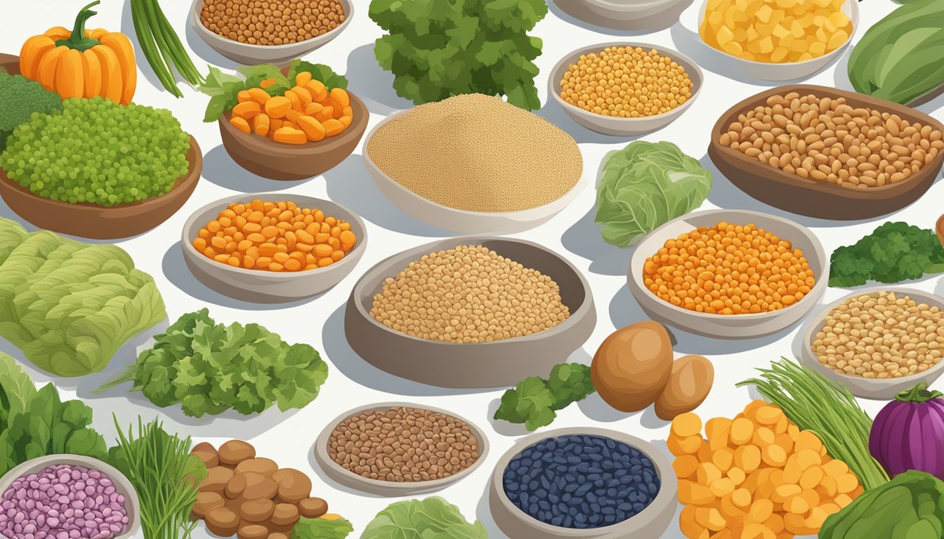 A colorful array of whole grains, legumes, and vegetables arranged around a central protein source, showcasing a balanced and nutritious meal for stable glucose levels