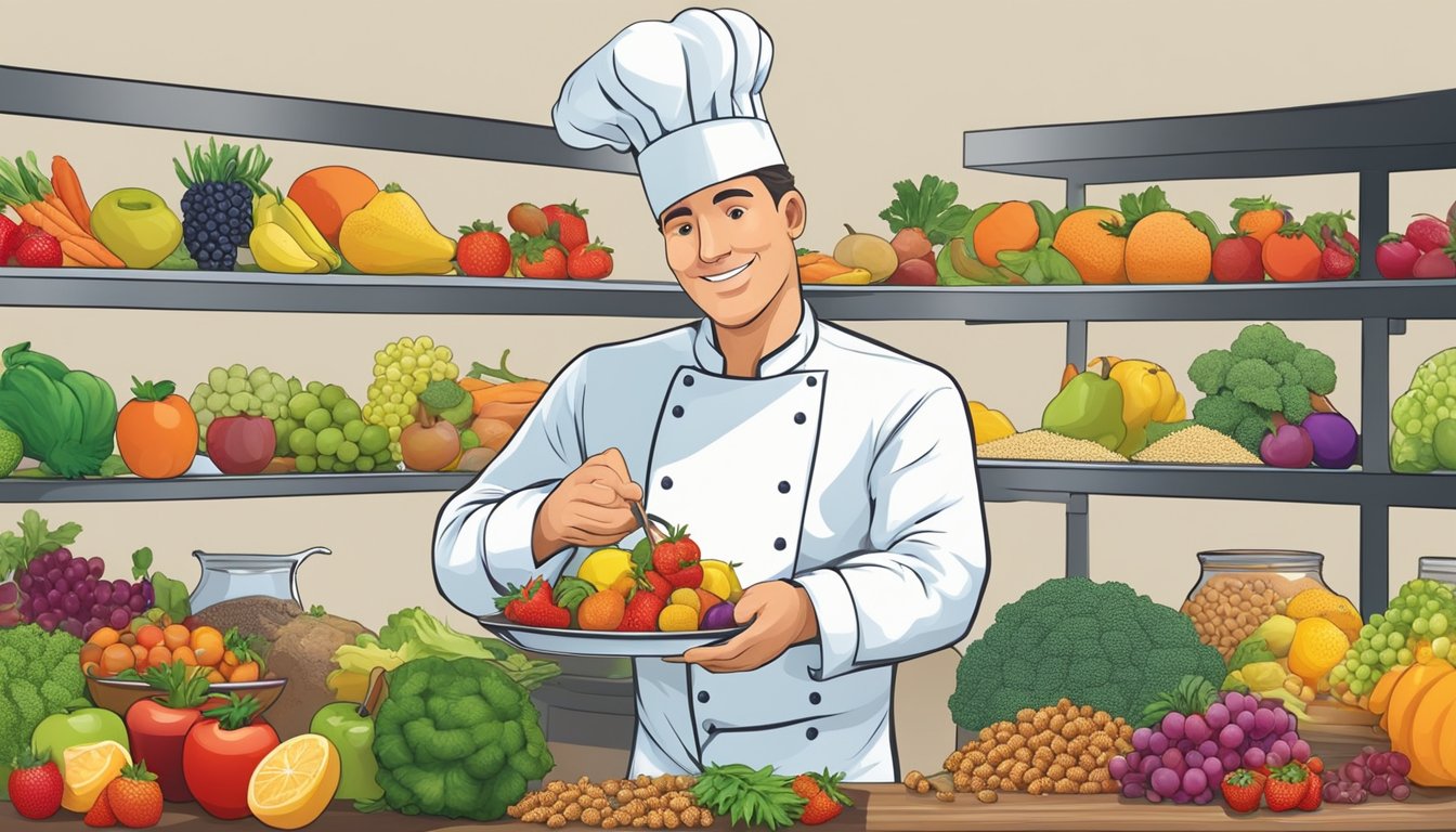 A chef carefully selecting a variety of colorful fruits, vegetables, and grains to create a balanced and complete protein dinner