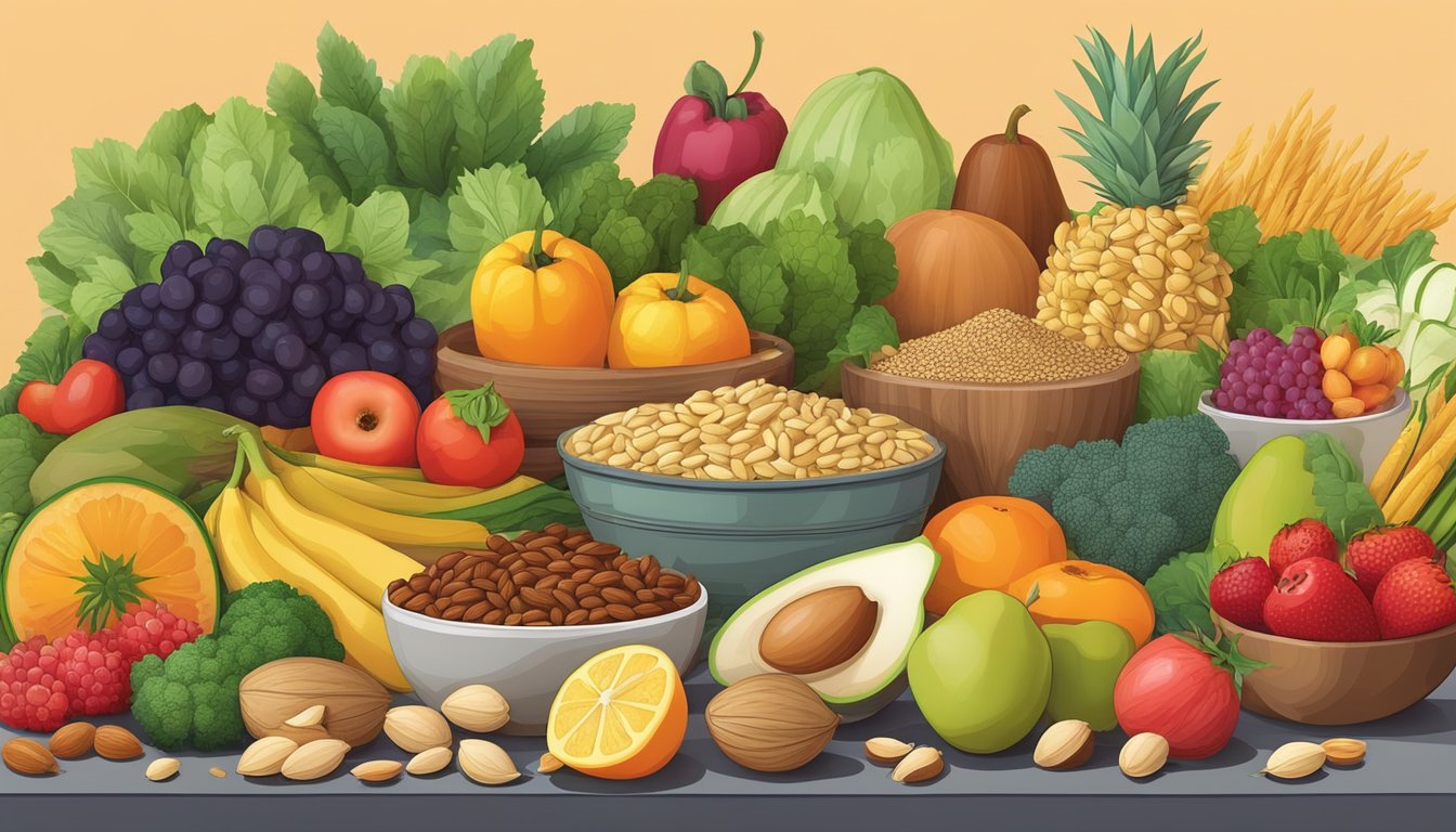 A table filled with a variety of colorful fruits, vegetables, nuts, seeds, and grains, with a focus on diverse sources of protein-rich foods