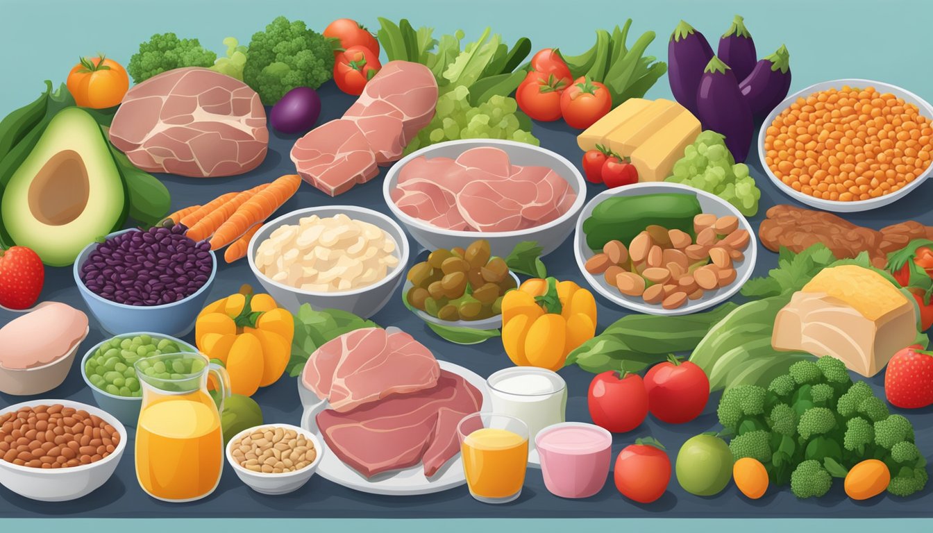 A table set with a variety of protein-rich foods, including meats, legumes, and dairy, surrounded by colorful fruits and vegetables