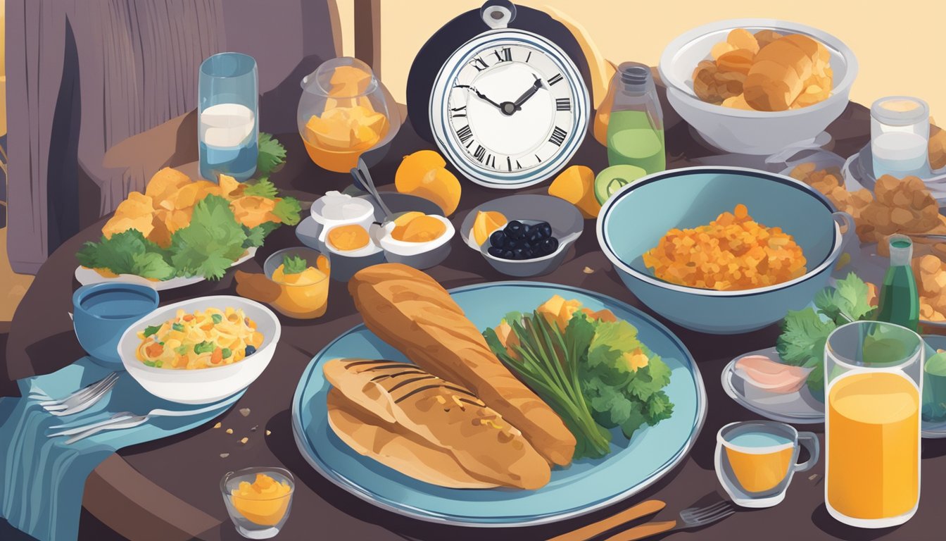 A dinner table with a variety of food items, a clock showing nighttime, and a person sleeping peacefully in bed