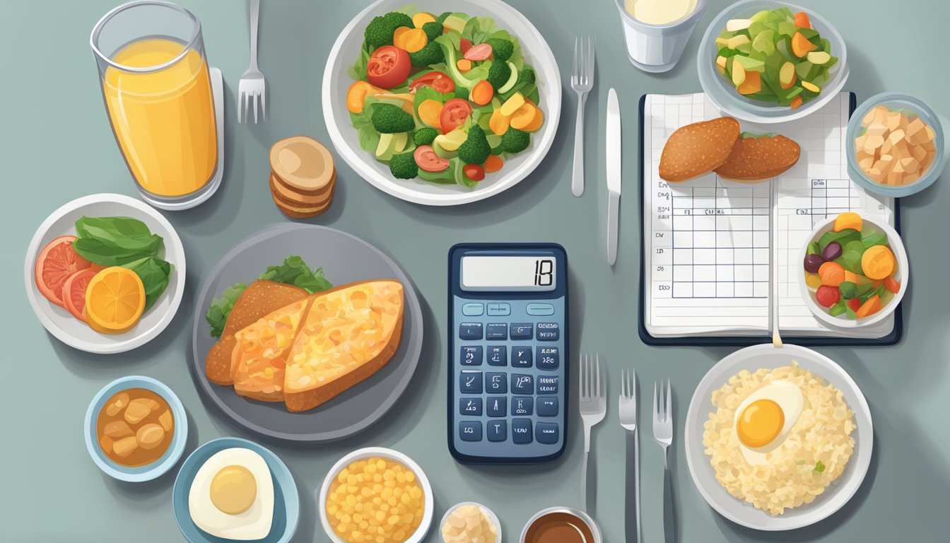 A table set with a variety of dinner options, including both high-glucose and high-ketone foods, with a calculator and notebook for tracking