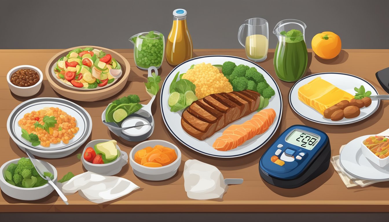 A table set with a variety of dinner options, including low-carb and high-fat choices, with a glucose meter and ketone meter nearby for measurement