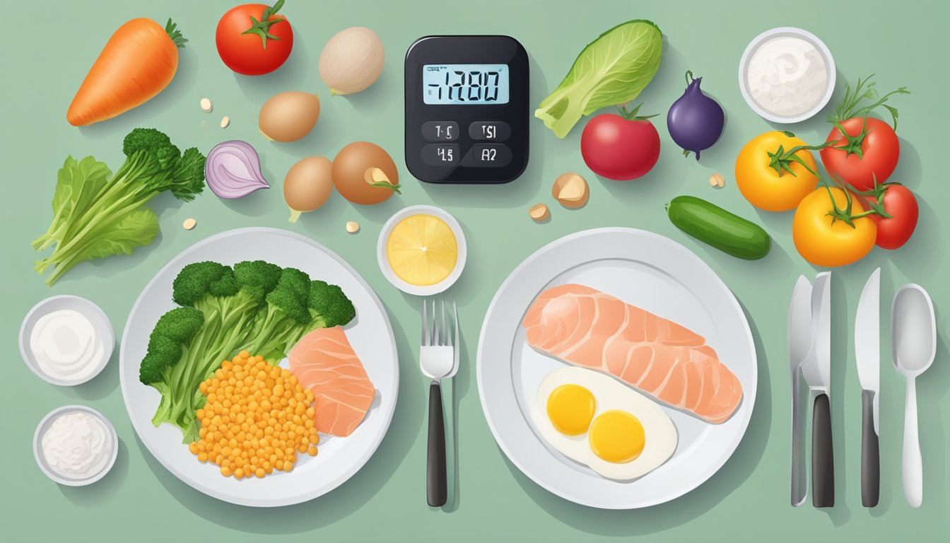 A dinner plate with a balanced meal of lean protein, vegetables, and healthy fats, alongside a blood glucose and ketone meter for testing