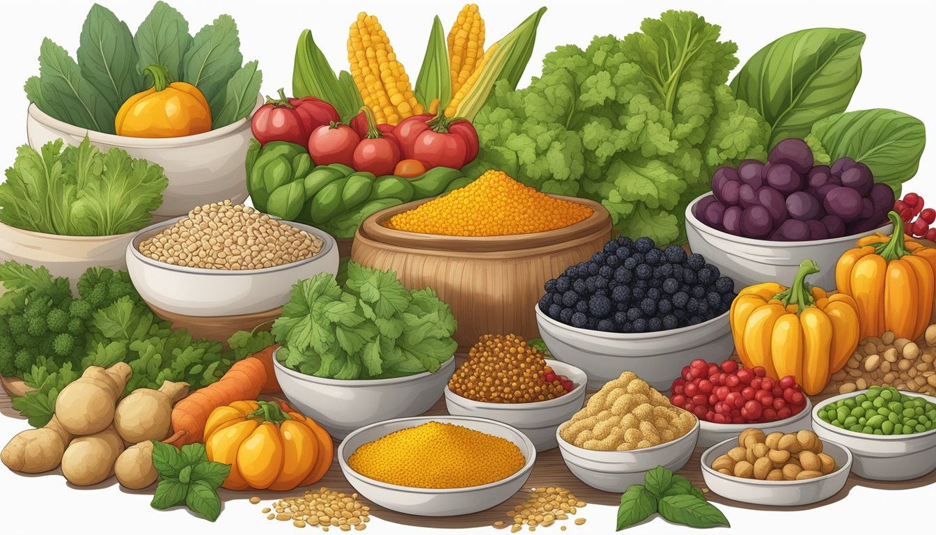 A table set with a variety of colorful vegetables and fruits, including turmeric, barberries, and goldenseal, alongside a selection of whole grains and lean proteins