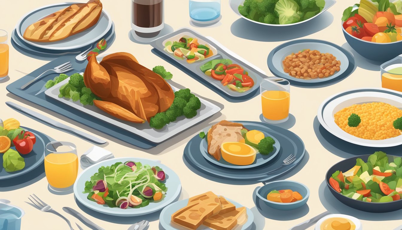 A dinner table set with a variety of diabetic-friendly food options, including low-carb and high-fat choices, alongside a glucose and ketone monitoring device