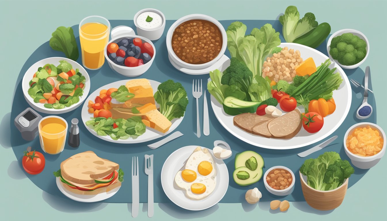 A dinner table with a variety of diabetic-friendly food options, including low-carb vegetables, lean proteins, and healthy fats. Blood glucose and ketone monitoring devices are visible on the table