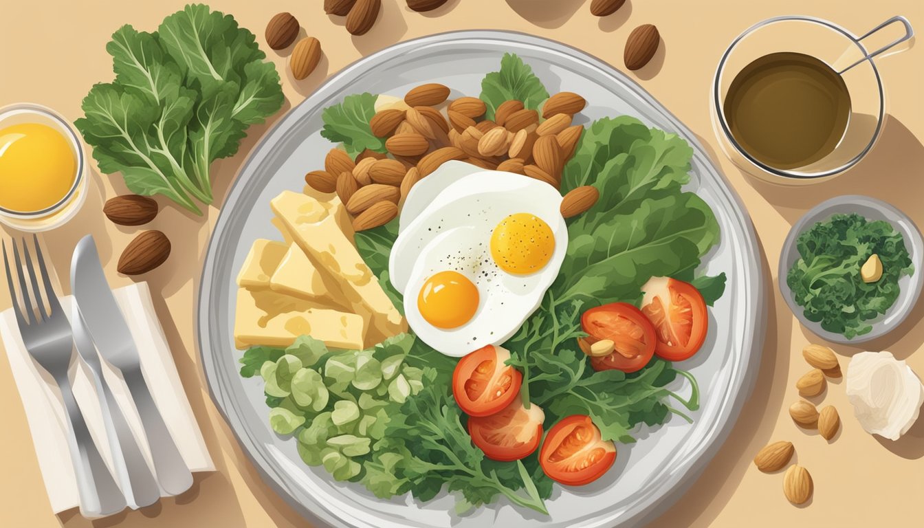 A dinner plate with a variety of foods, including sources of biotin such as eggs, nuts, and leafy greens, surrounded by a warm, inviting evening ambiance