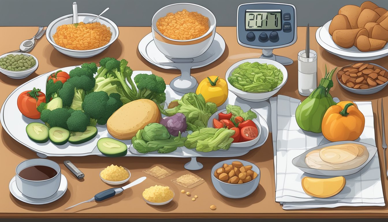 A dining table with a variety of diabetic-friendly food options, including low-carb vegetables, lean protein, and healthy fats, with a blood glucose meter and ketone test strips nearby