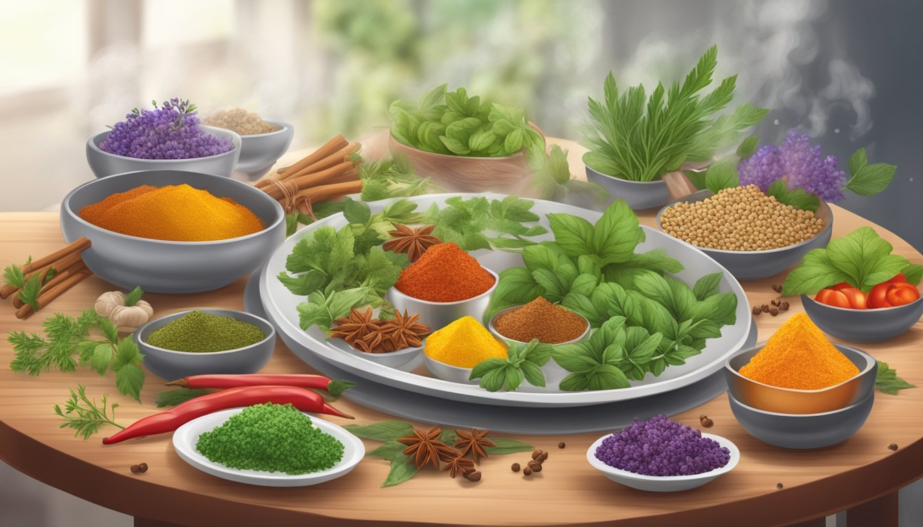 A table set with aromatic herbs and spices, emitting fragrant steam. A plate of colorful, healthy food sits at the center